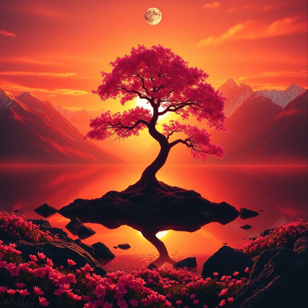 Majestic Sunset Landscape with Pink Tree