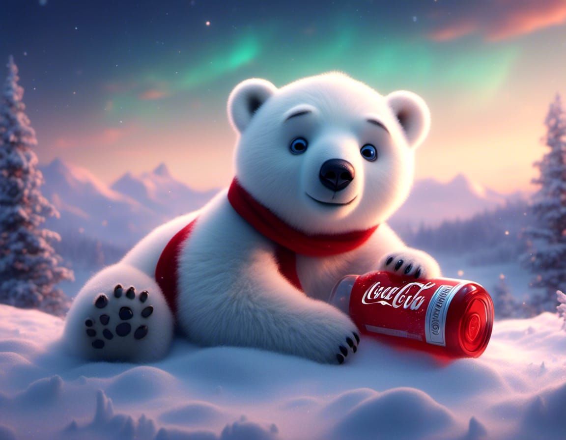 Cute Santa Polar Bear with Aurora Borealis