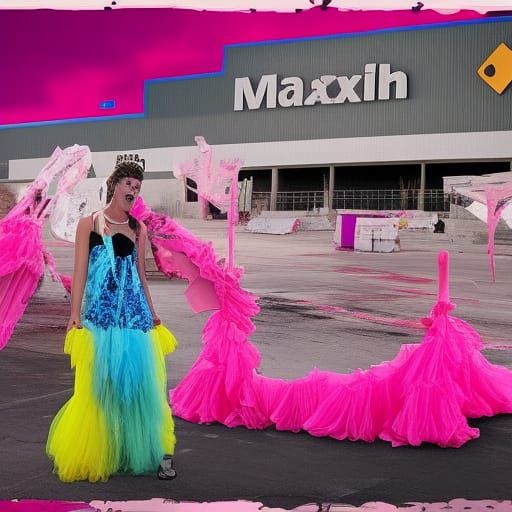 Trashy Walmart version of met gala dress made of trash painted hot pink& trashy vibes& Walmart vibes& unhinged vibes