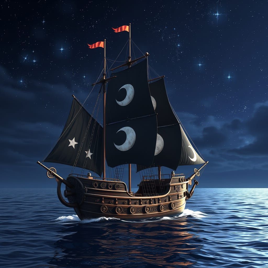 Moonlit Pirate Ship on Dark Ocean in Anime Style