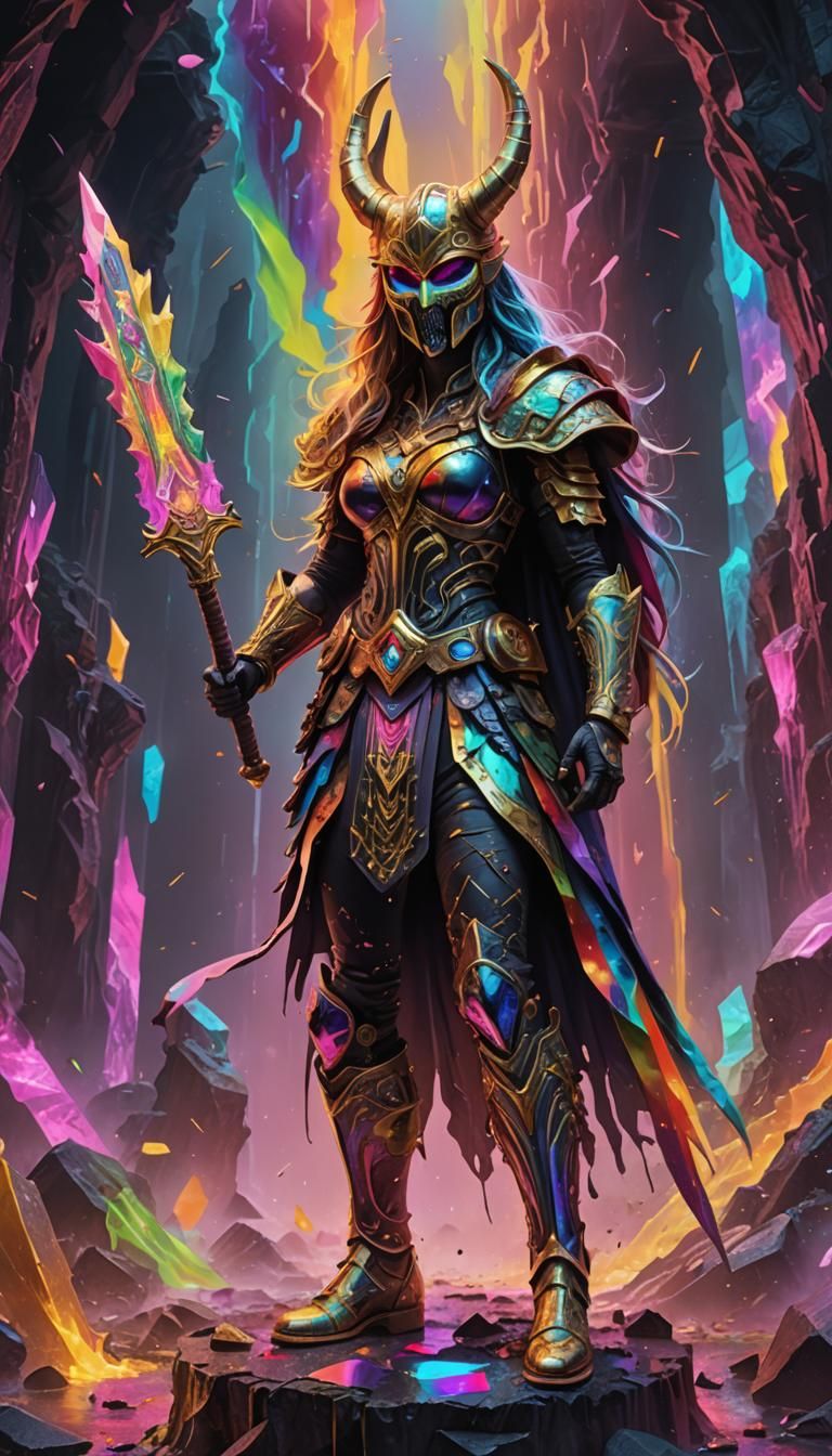 Psychedelic Neon Goddess of Victory in Ruined City