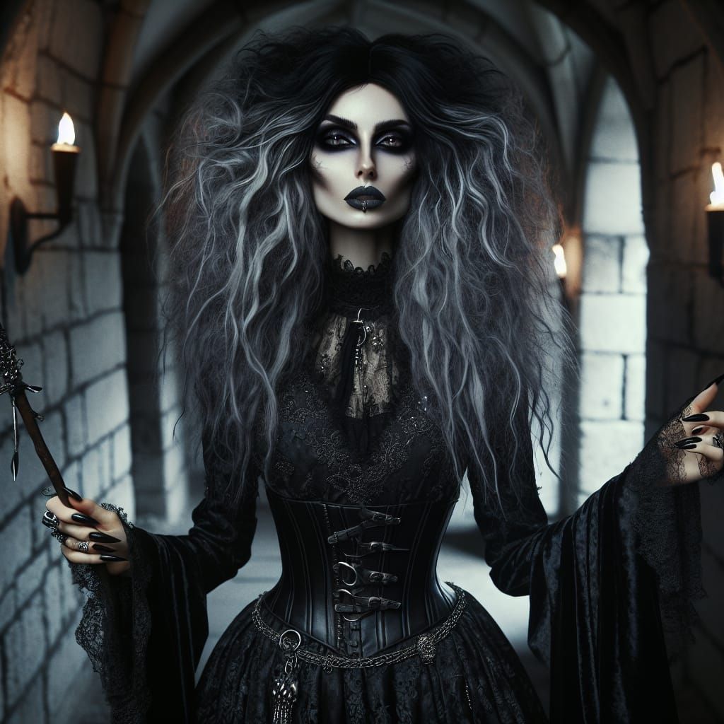 Gothic Woman in Velvet and Lace with Wand