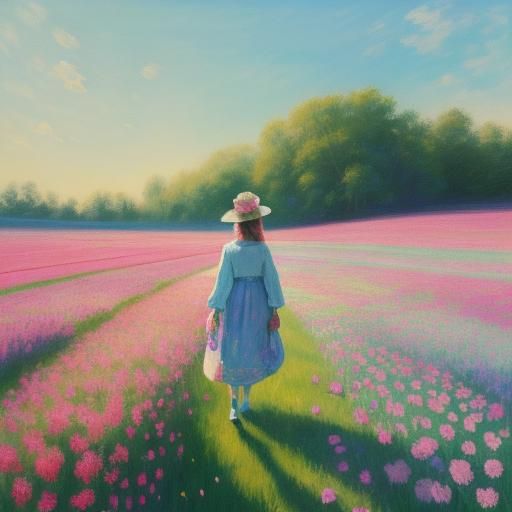 Impressionistic Person in Flower Field, Pastel Colors
