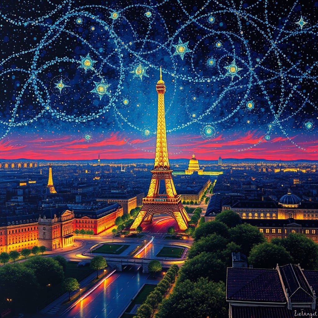 Parisian Woman Gazing Up at the Eiffel Tower in Nighttime Po...