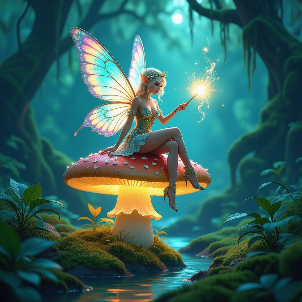 A mischievous pixie with butterfly wings perches on a giant mushroom in a bioluminescent forest, casting a spell with a ...