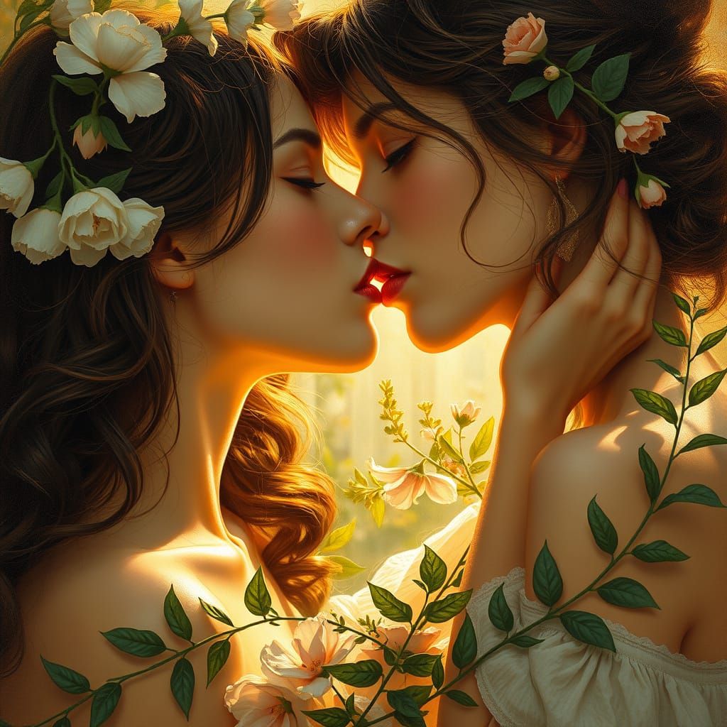 Romantic French Impressionist Women in Passionate Kiss