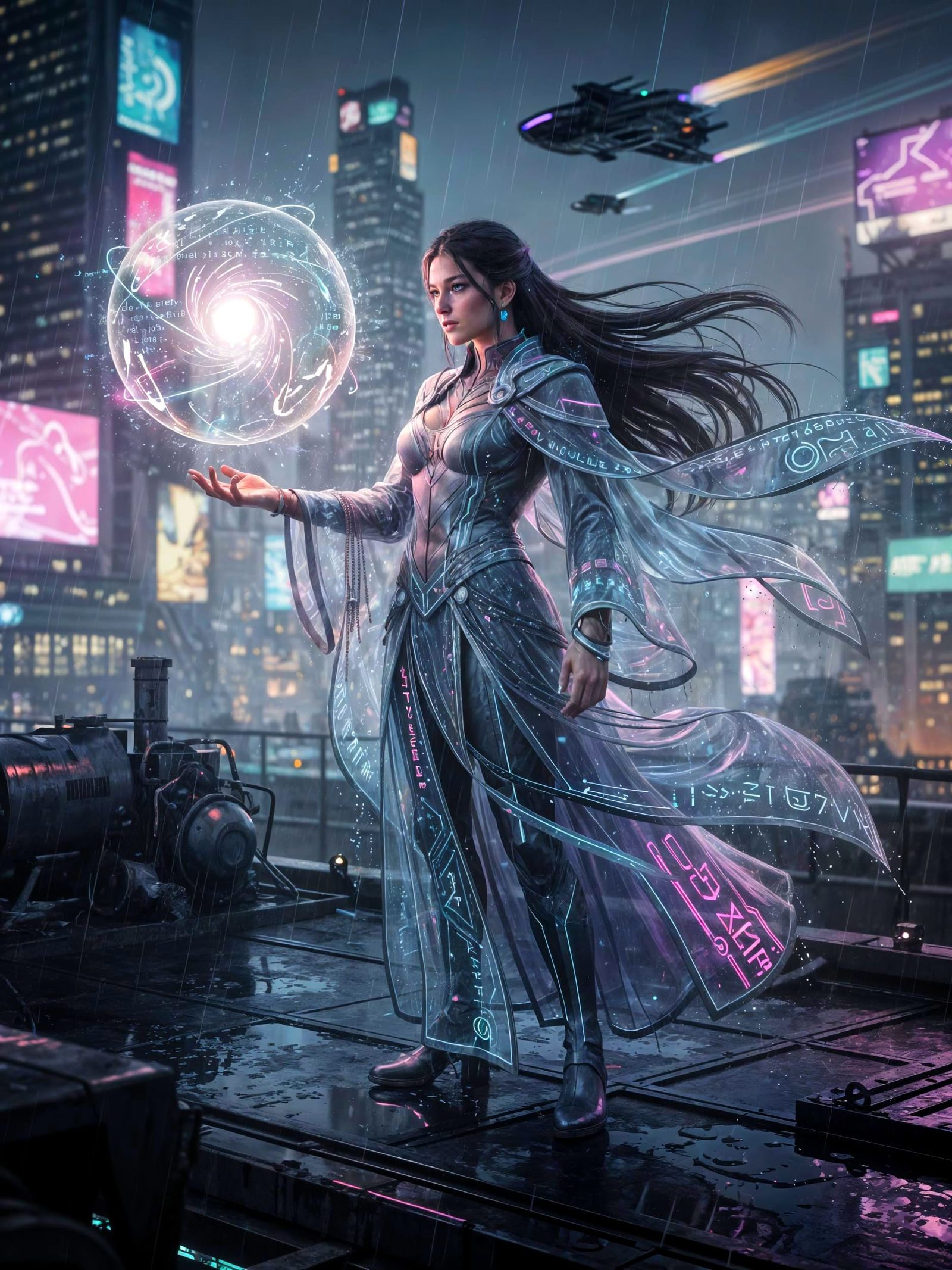Cyberpunk Sorceress Conjures Energy on Neon Rooftop