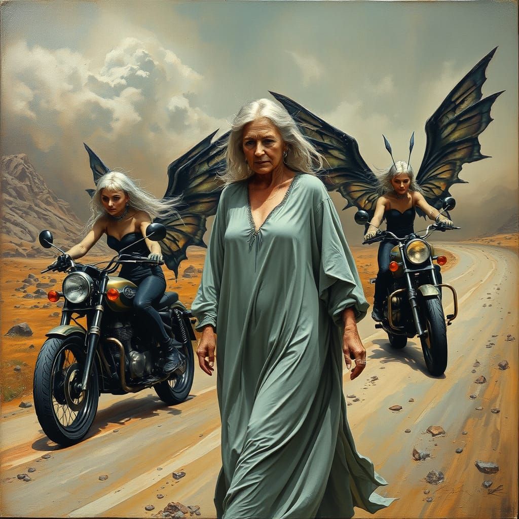 Surreal Gothic Goddess Walks with Dark Fairy Motorcyclists