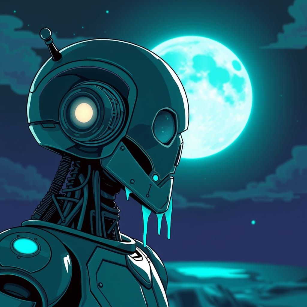 Robot Backlit by Moon in Dark Turquoise Cartoon