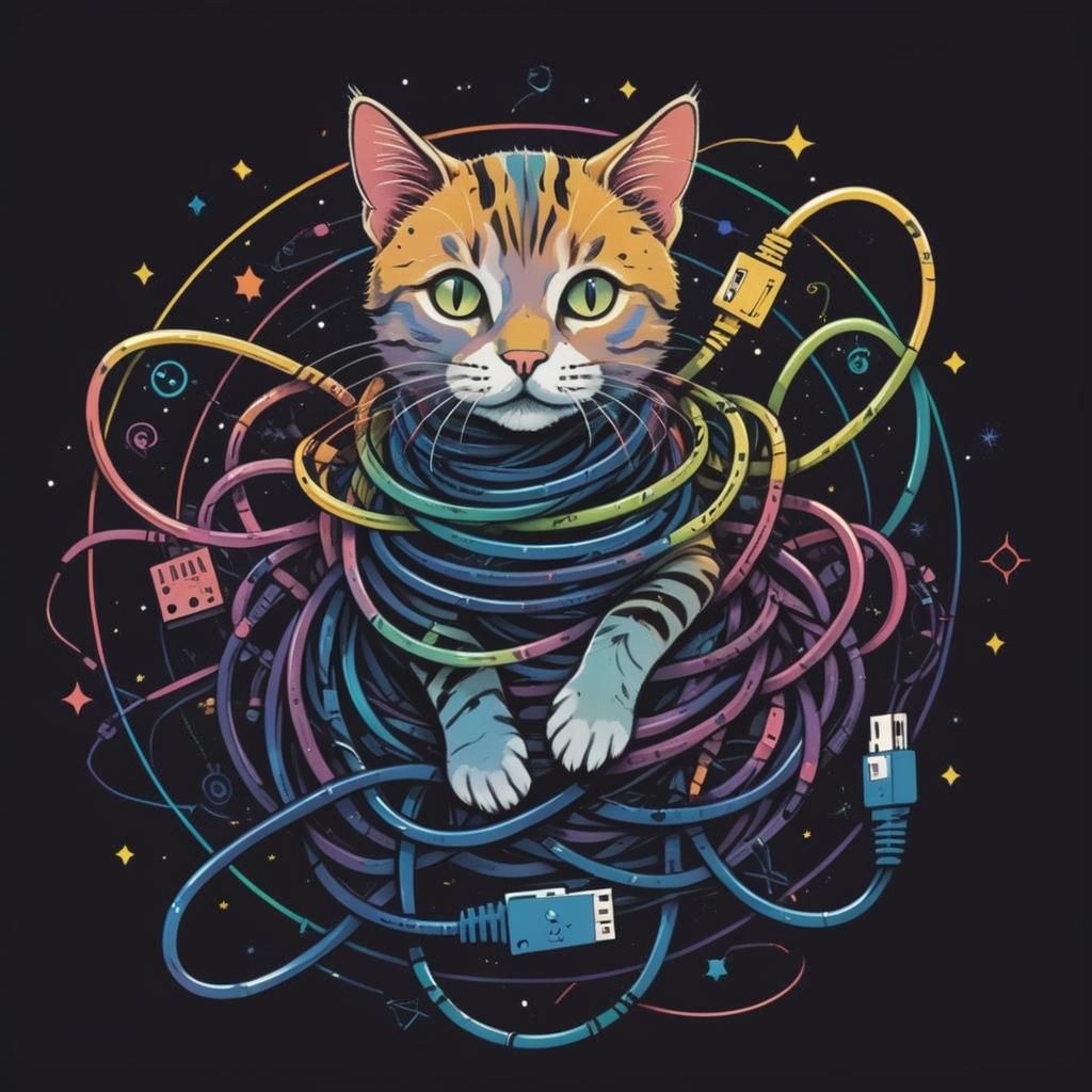 Cute Cat Cable Logo in Colored Ink