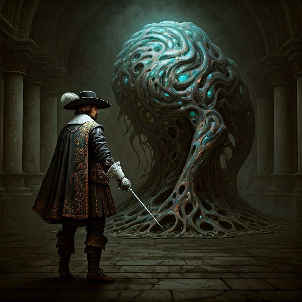 Musketeer vs. Shoggoth in Dark Biomechanical Style