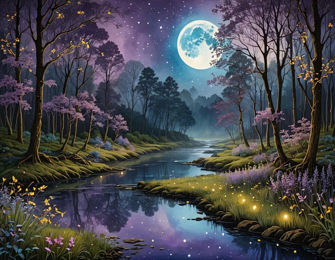 Luminous Moon Over Misty Forest Spring: 3D Digital Art