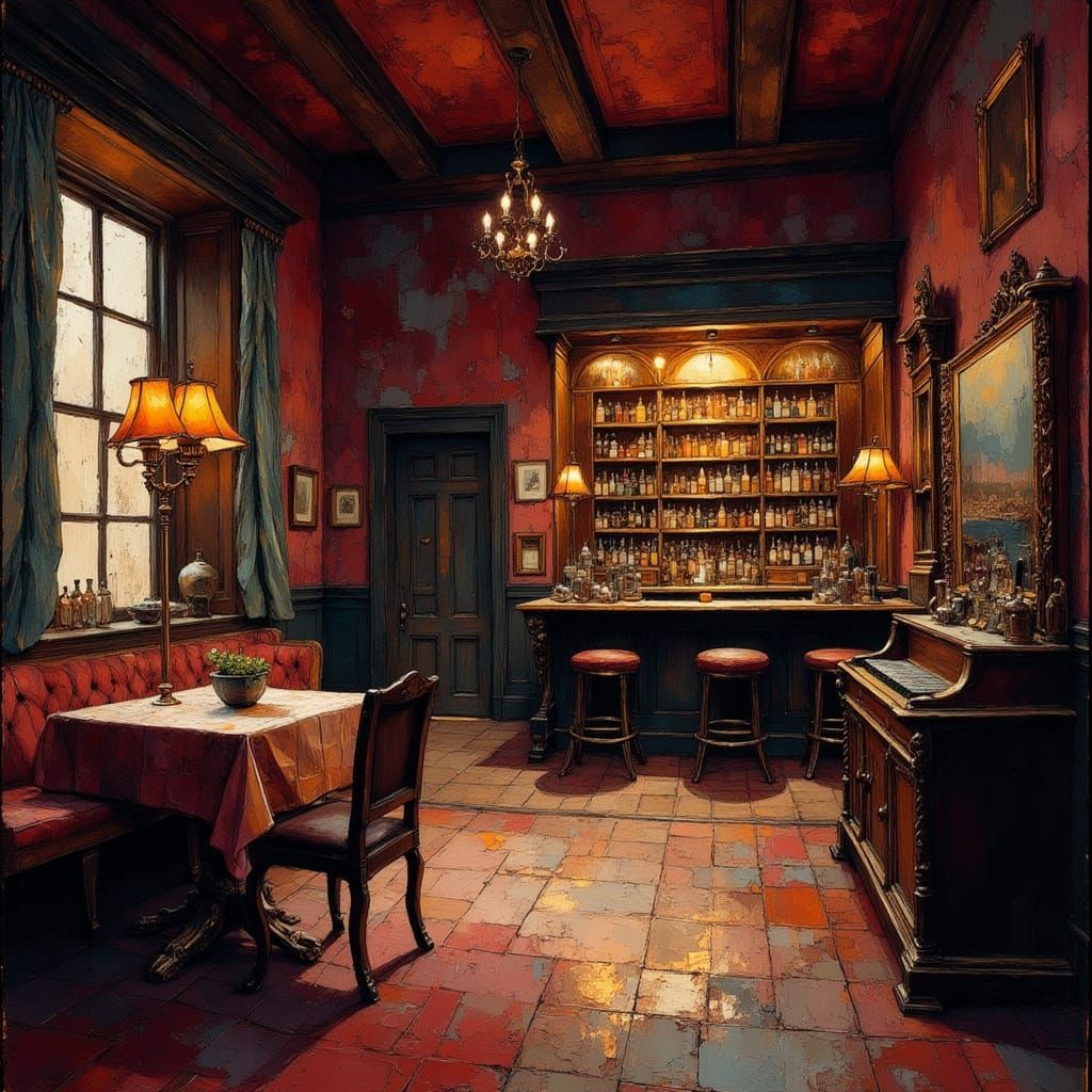 Old English Pub Leisure Room in Impasto Oil Painting Style