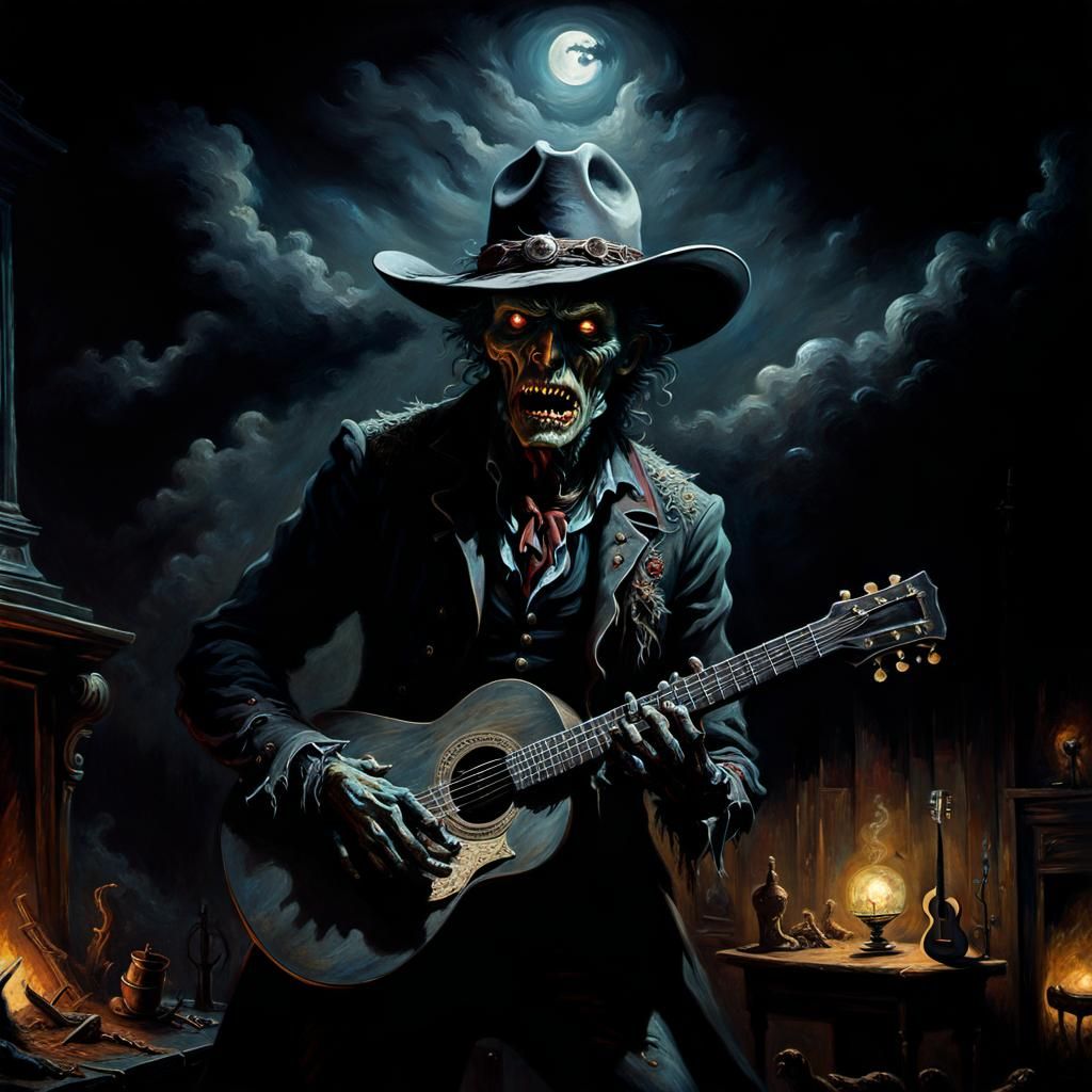 Zombie Cowboy Serenade: A Darkly Fantastical Oil Painting
