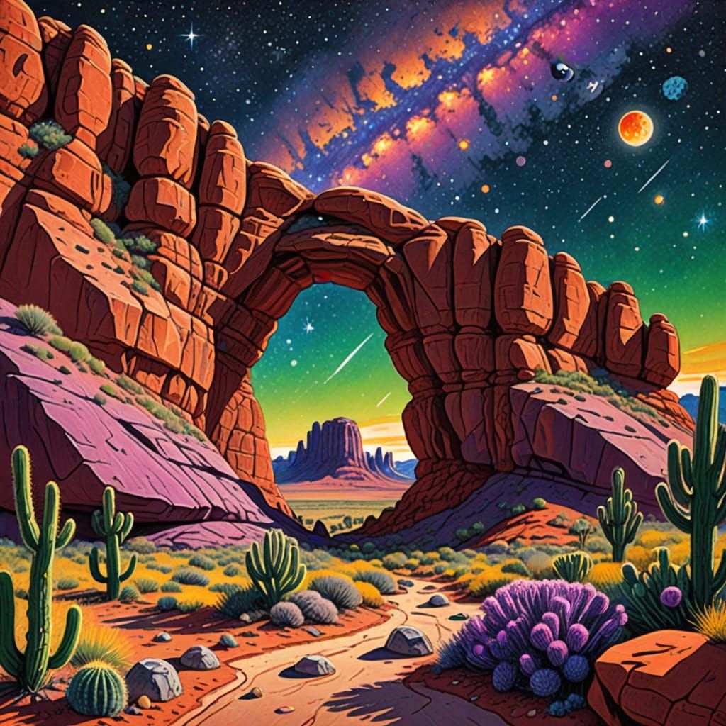 Alien Rock Bridge in Vibrant Crayon Sketch Style