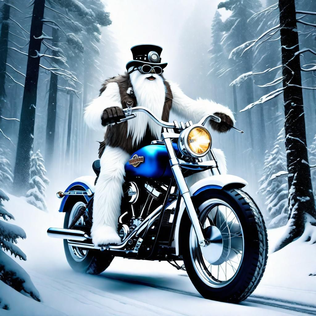 Steampunk Yeti Rides Harley in Snowstorm