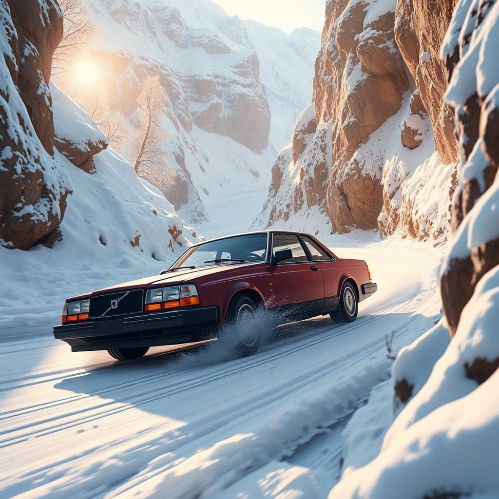 Volvo Coupe Drifting in Snowy Canyon, Dreamlike Artwork