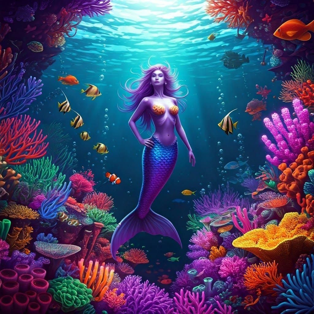 Neon Mermaid in a Coral Reef Digital Painting