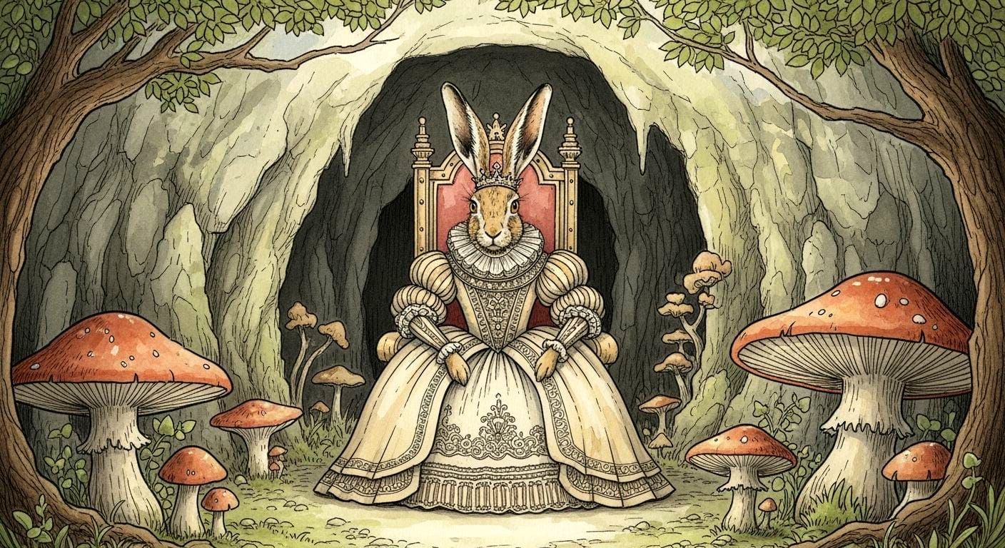 Whimsical Rabbit Queen in a Grotto, Watercolor and Ink