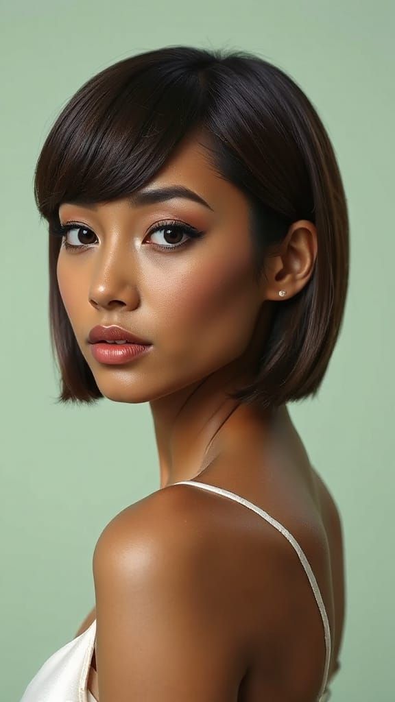 Sleek Inverted Bob Hairstyle on Model with Bronze Skin