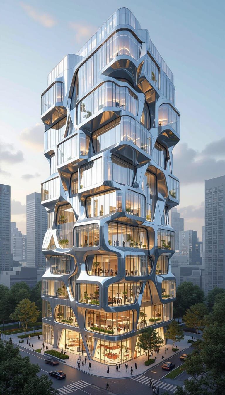 Futuristic Waved High-Rise Building in Sci-Fi Style