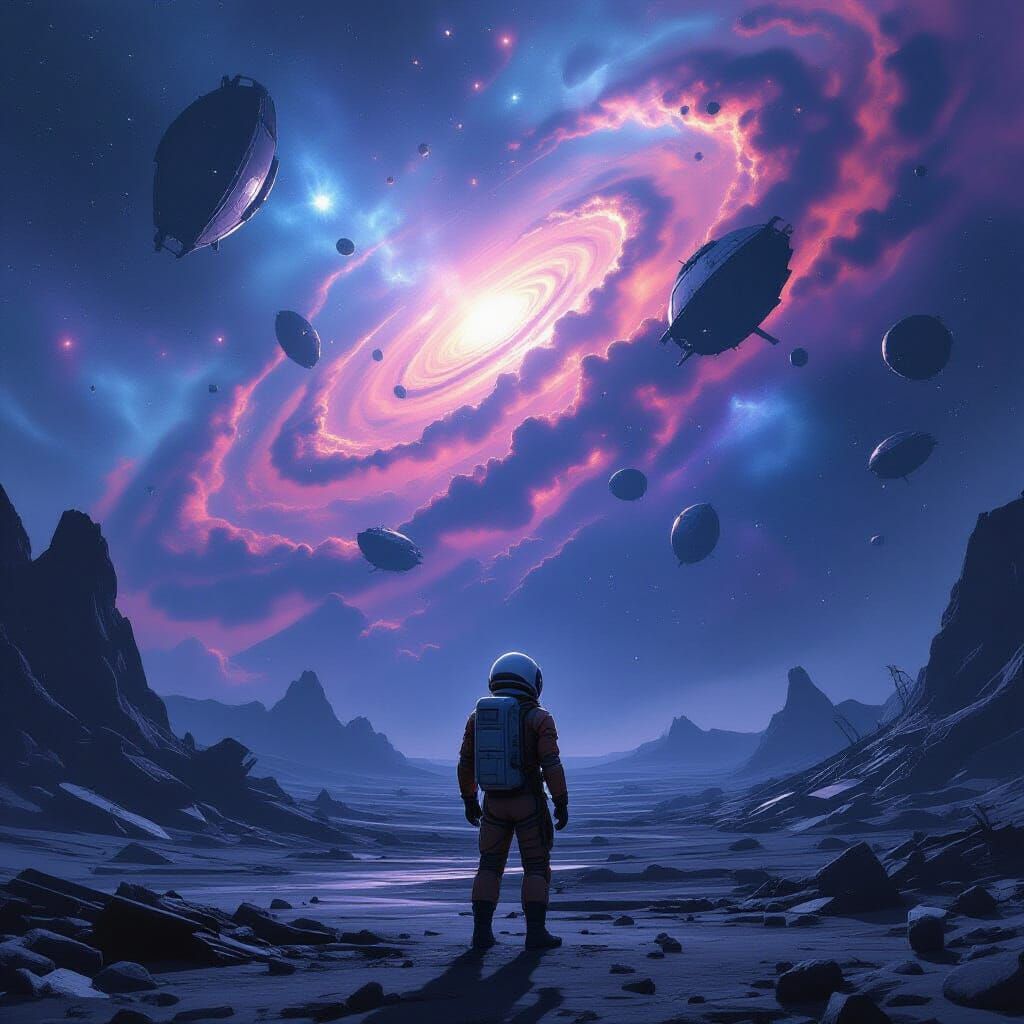 Astronaut Gazing at Nebula Wreckage in Cinematic Style