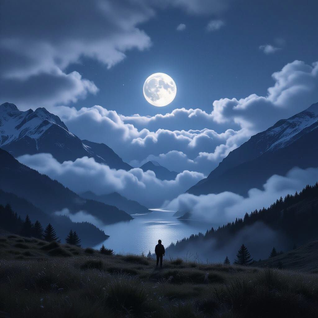 Moonlit Mountain Landscape with Fog and Lake