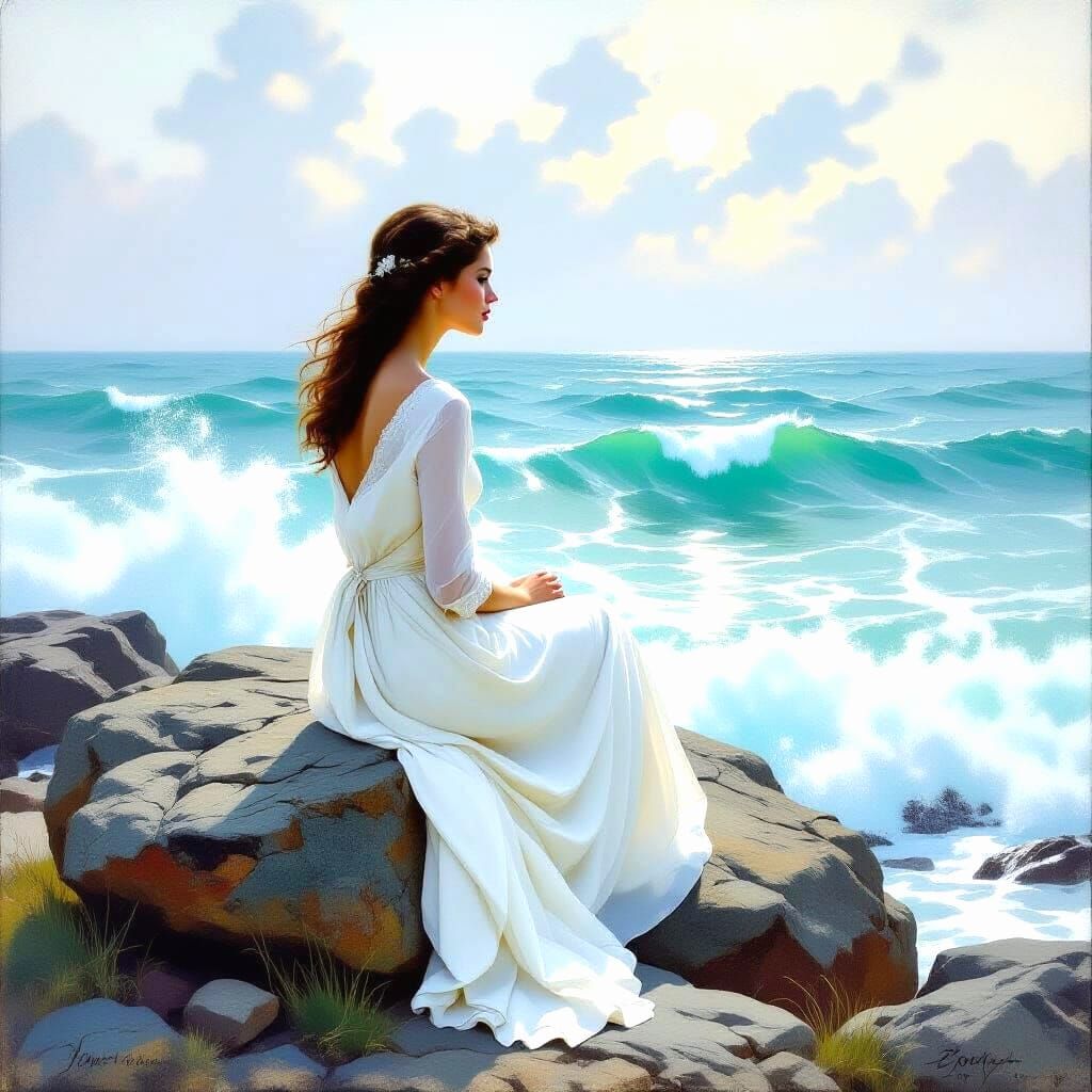Woman on Rock by Sea Gazing at Distance Realistic