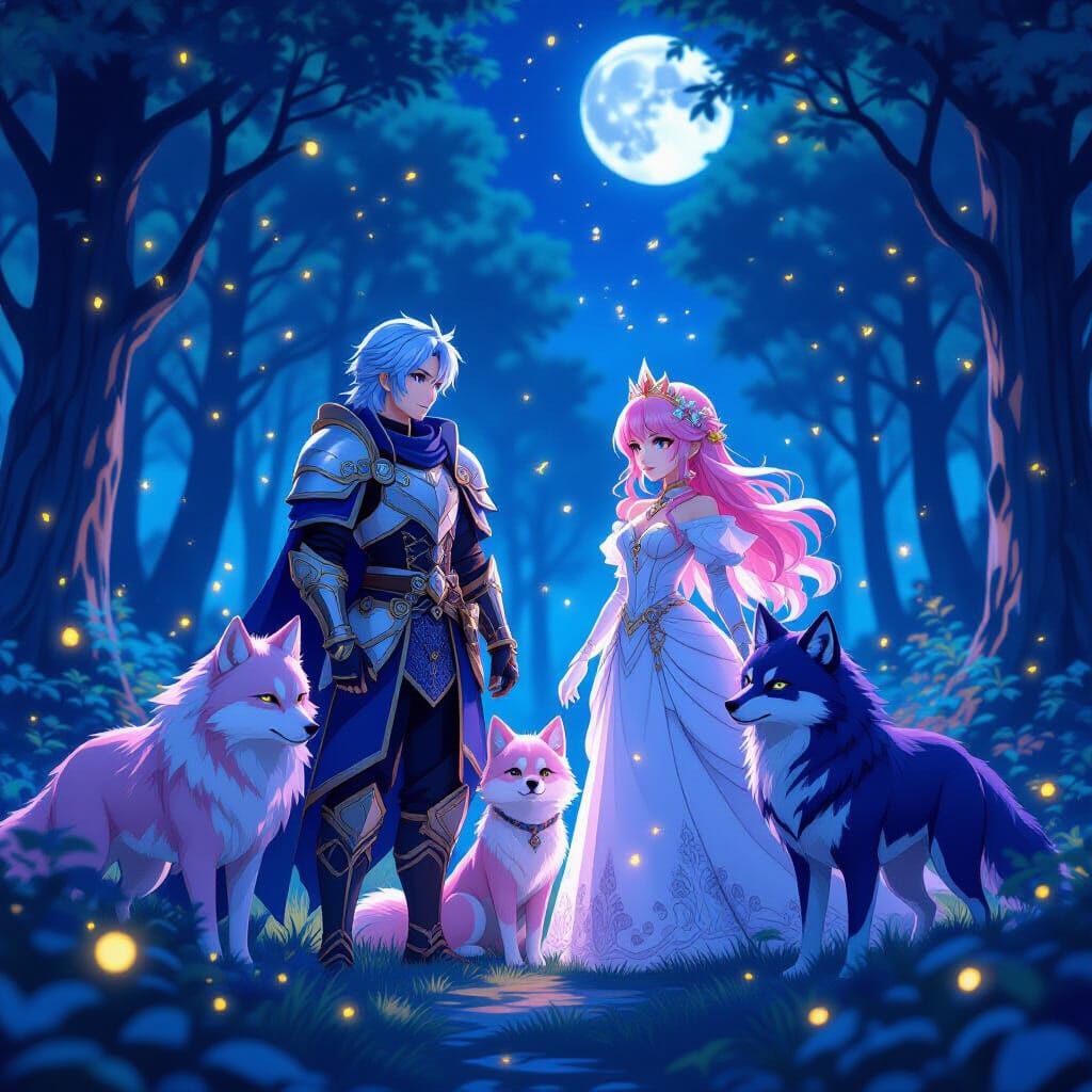Sapphire Knight and Opal Princess in Moonlit Fantasy Forest