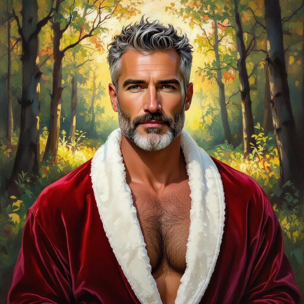 Silver Fox in Velvet Robe: Impressionist Portrait