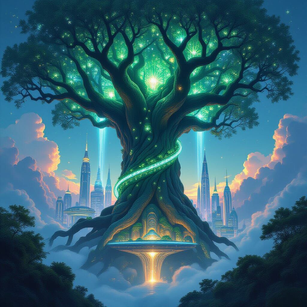Bioluminescent Tree Reaching Utopian City: Concept Art