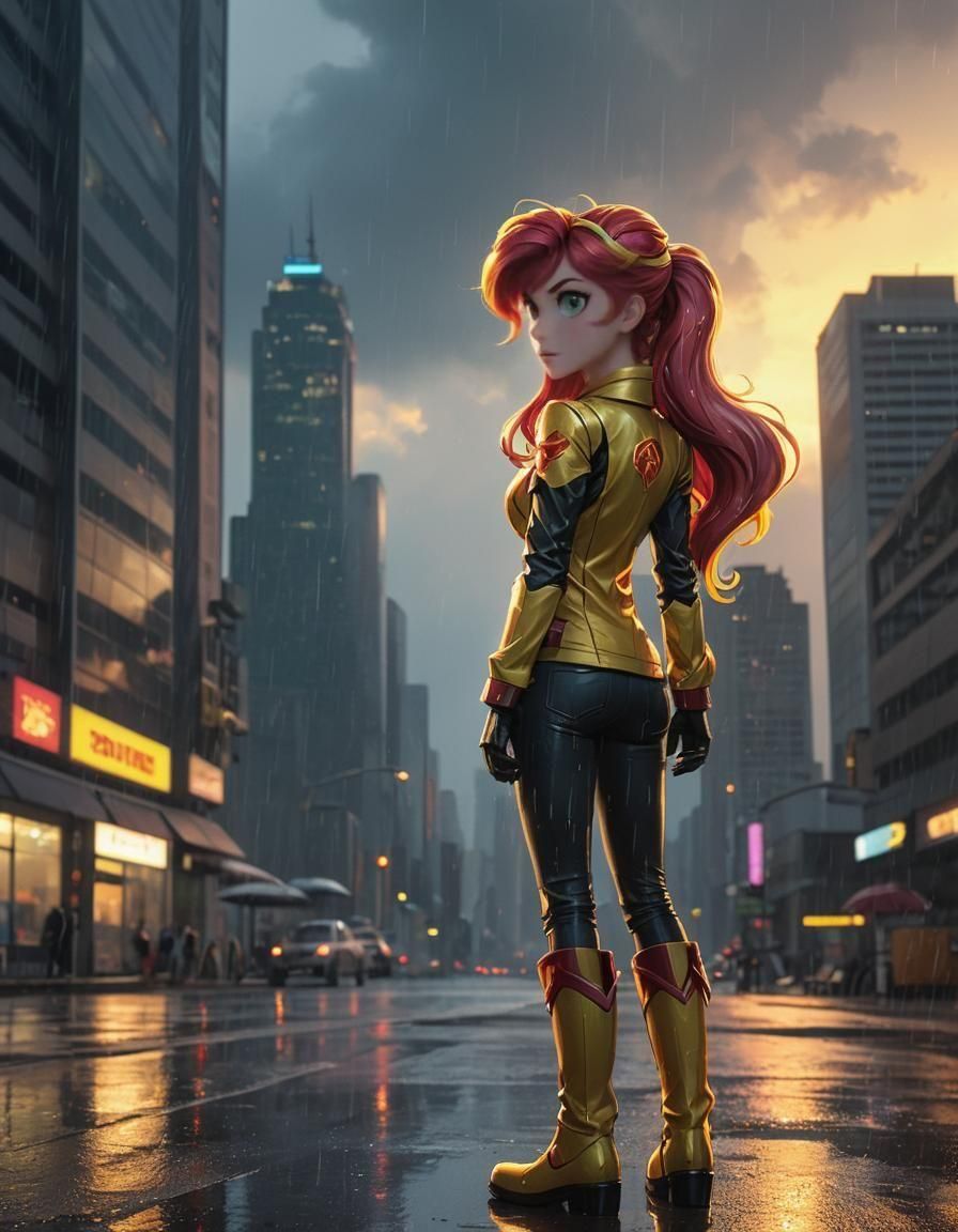 Sunset Shimmer in Rainy Anime Cityscape