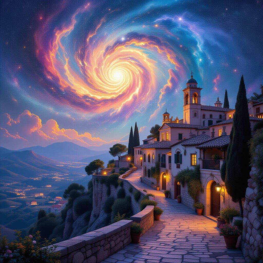 Cosmic Dream Italian Village with Swirling Galaxies