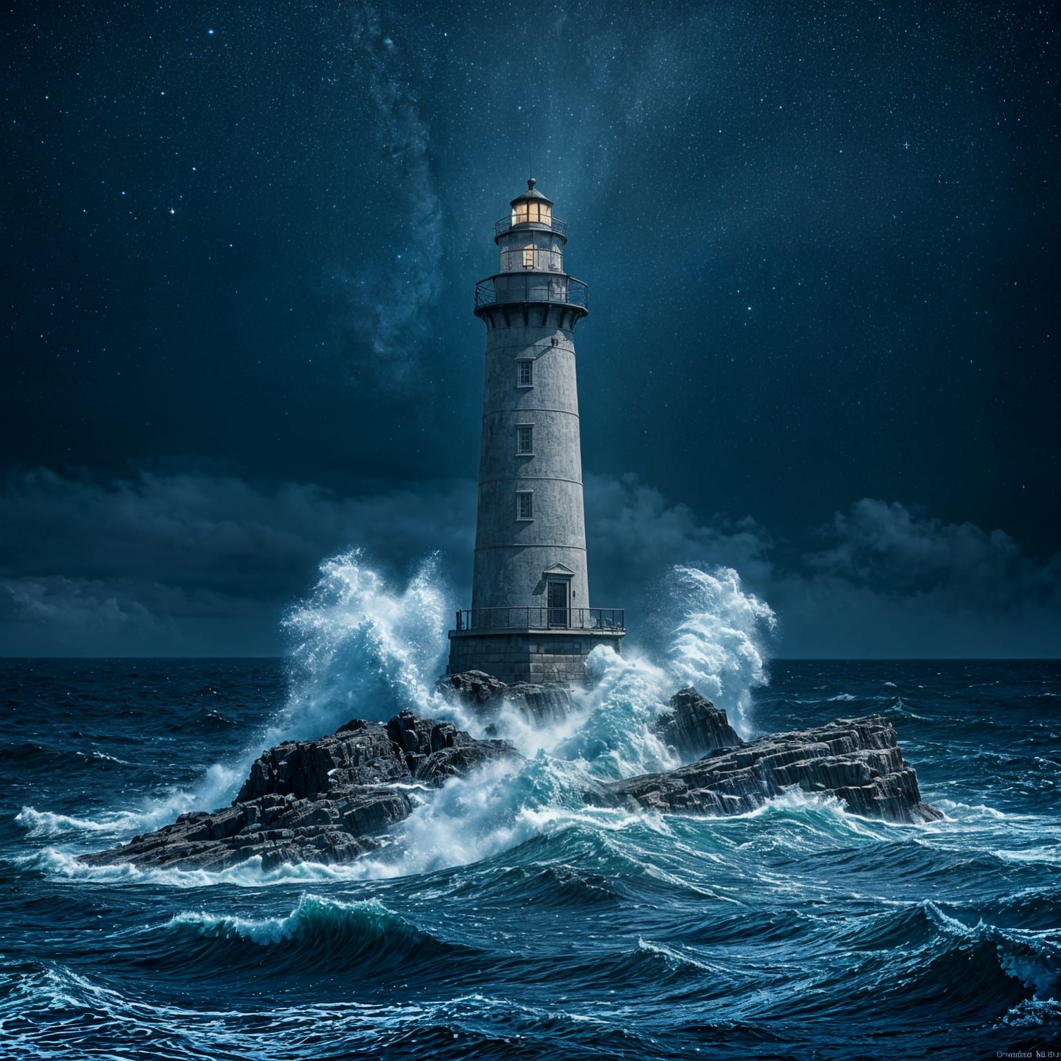 Weathered Lighthouse Against Starry Tempest Sky