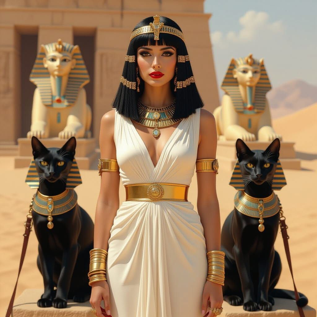 Cleopatra and Her Sphinx Cats in Desert Landscape