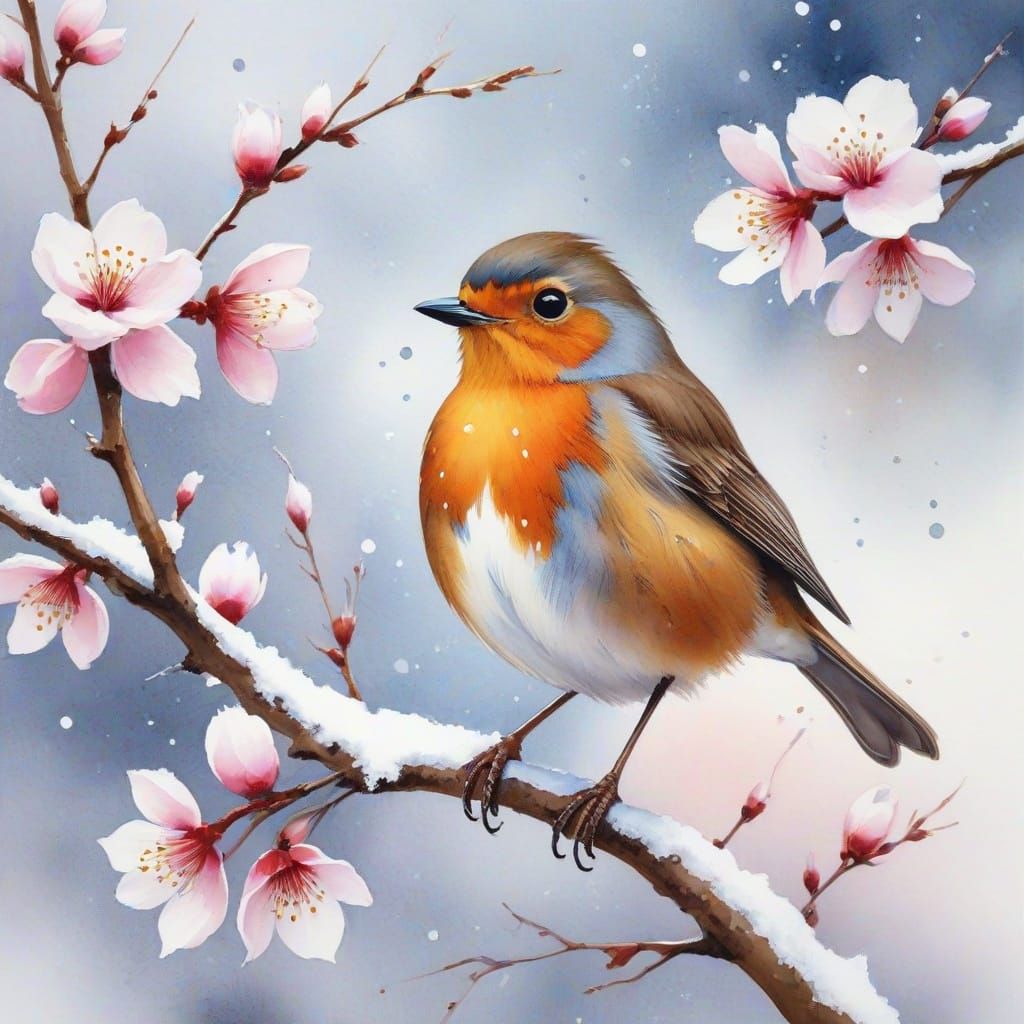Snowy Blossom Tree with Robin in Watercolor Style