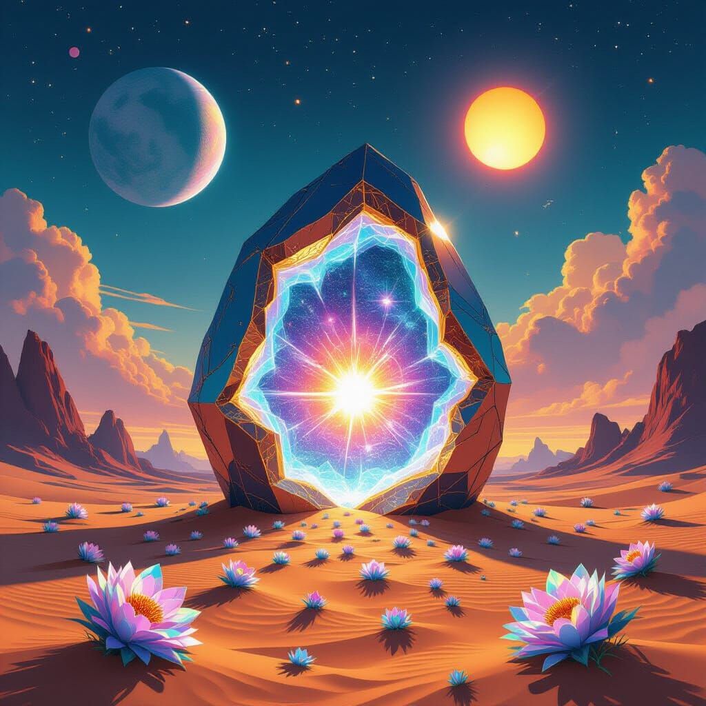 Cosmic Geode Portal Above Alien Desert Under Binary Sunset