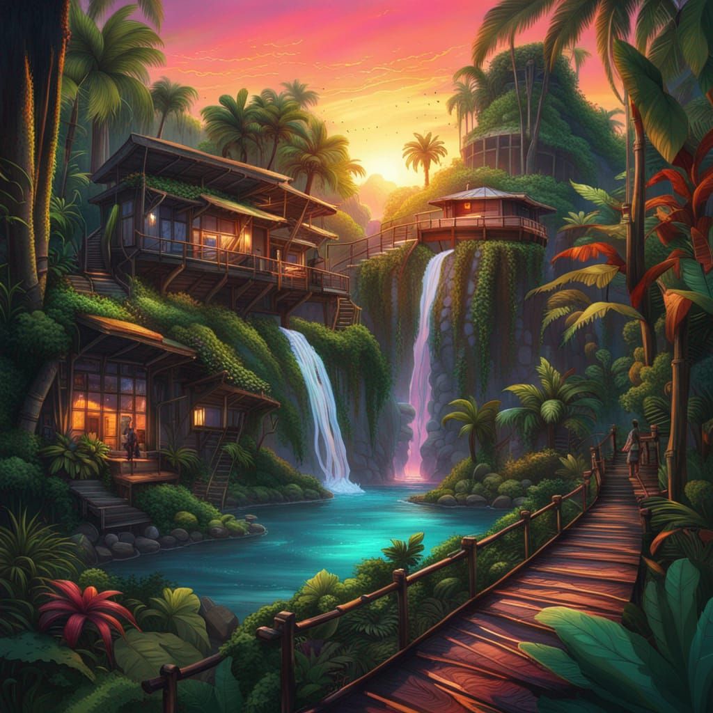 Lush Solarpunk Jungle Village at Sunset
