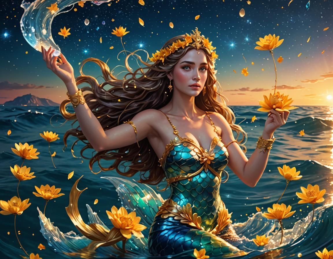 Mermaid Goddess with Golden Flowers on Saturn