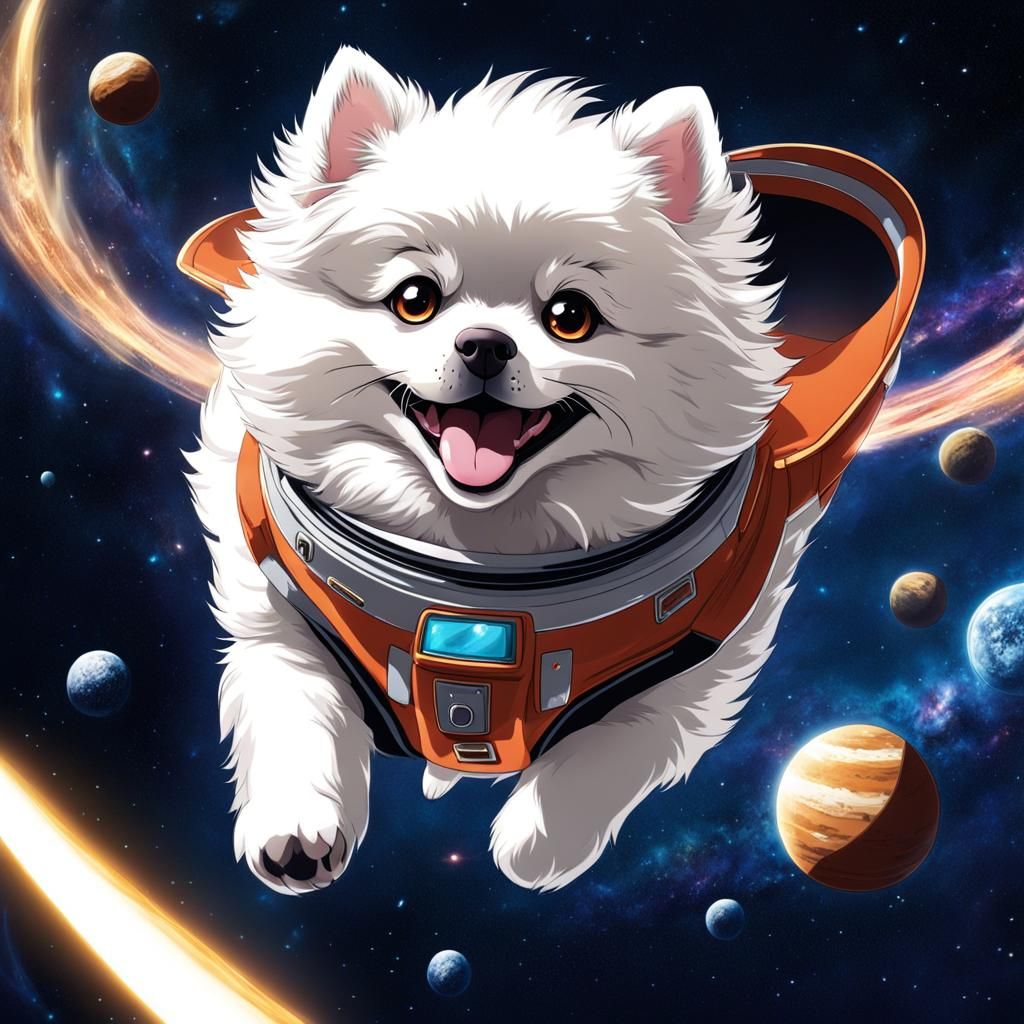 Pomeranian Dog Flying Through Space in Anime Style