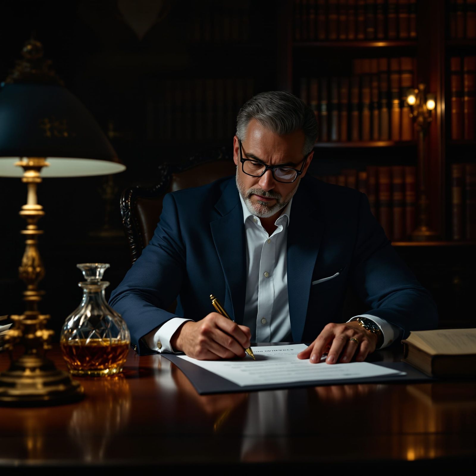 Powerful Executive Signs Documents in Baroque Office