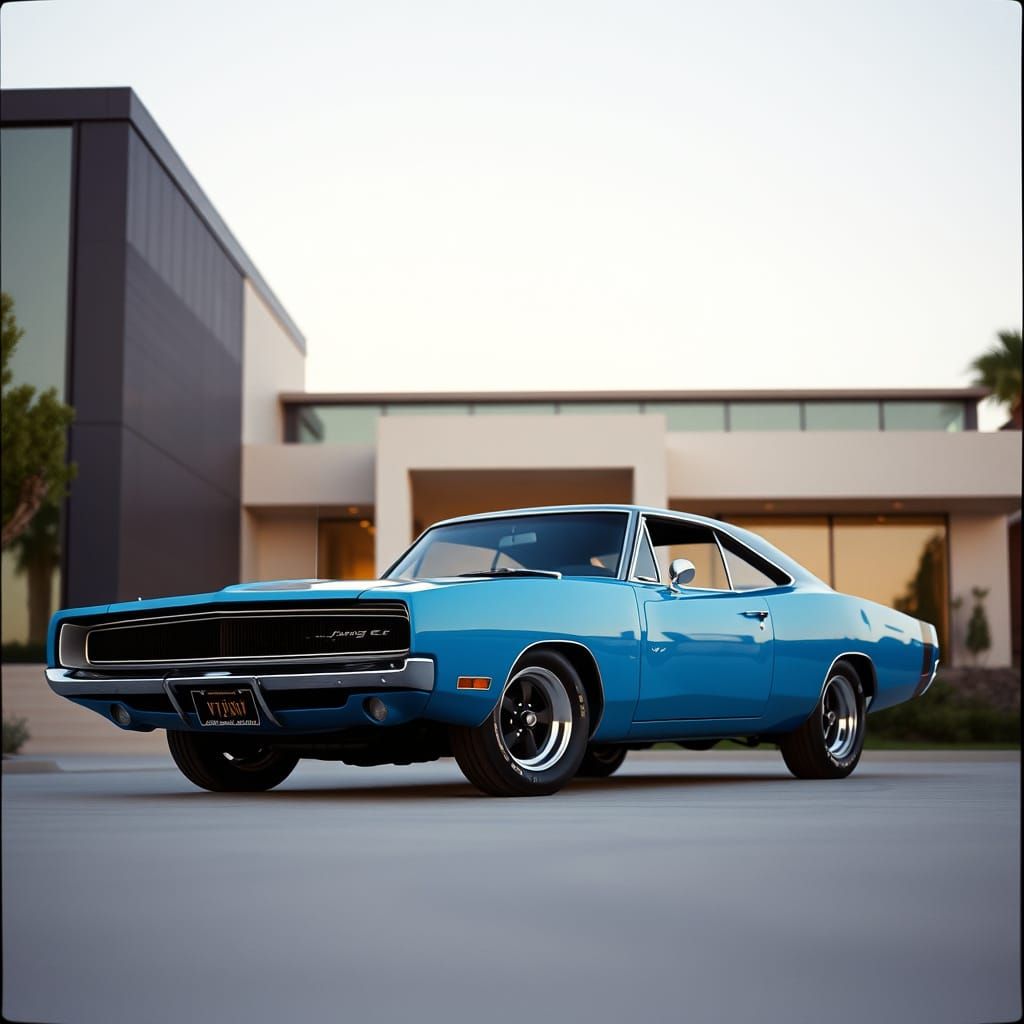 Electric Blue 1969 Dodge Charger Daytona: Cinematic Still