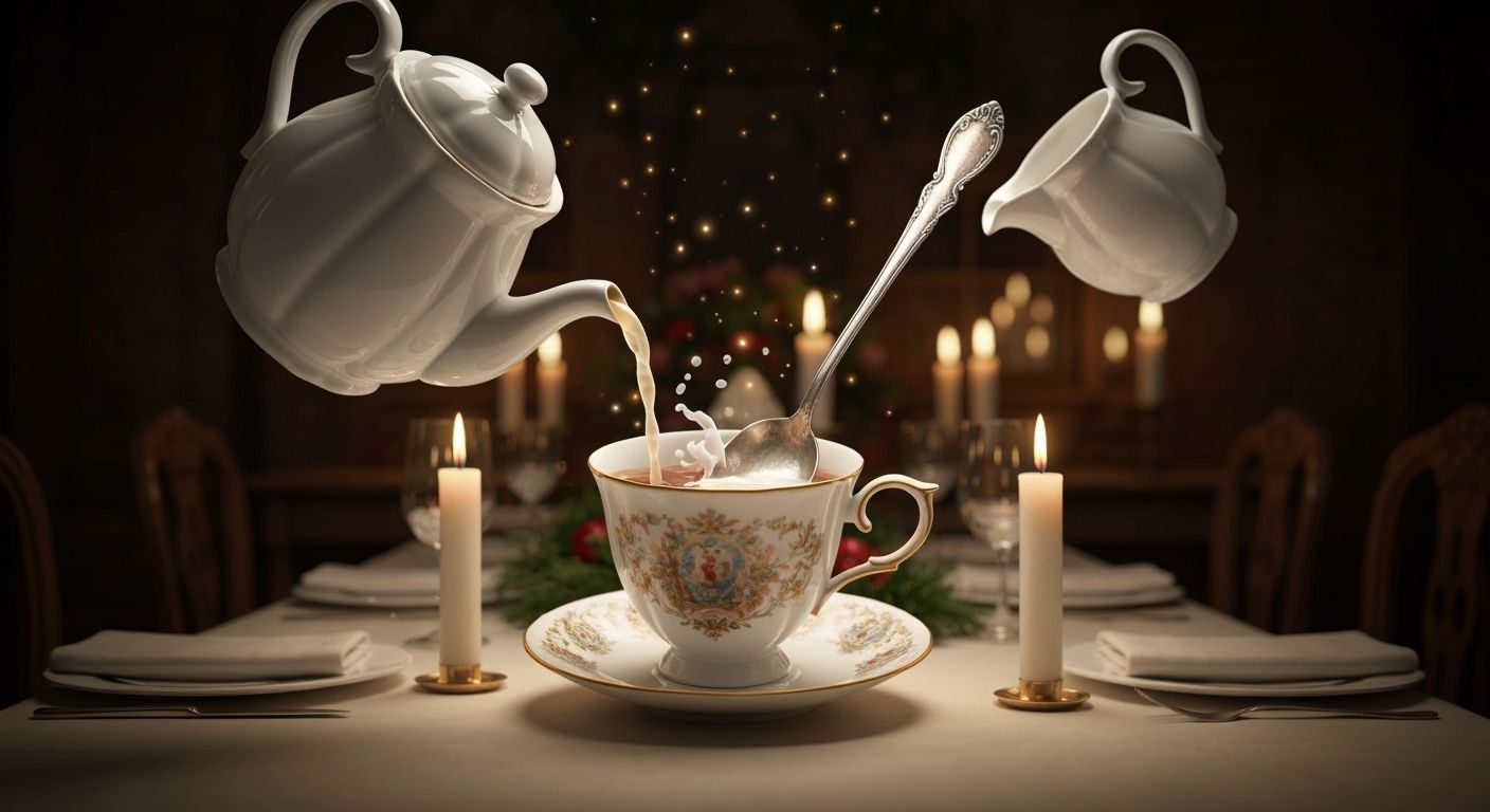 Surreal Floating Teacup Ceremony with Candlelight Magic