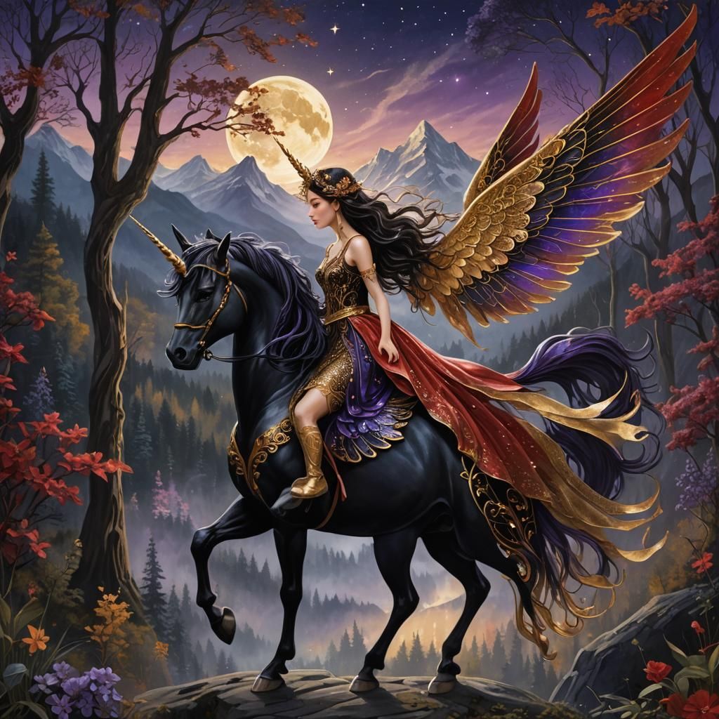 Fairy Riding Unicorn in Moonlight, Fantasy Concept Art