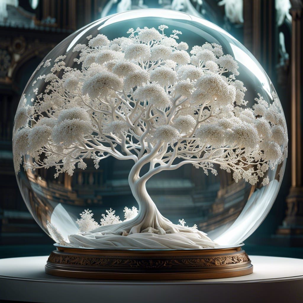 Ethereal White Tree in Glass Sphere, CGI Masterpiece