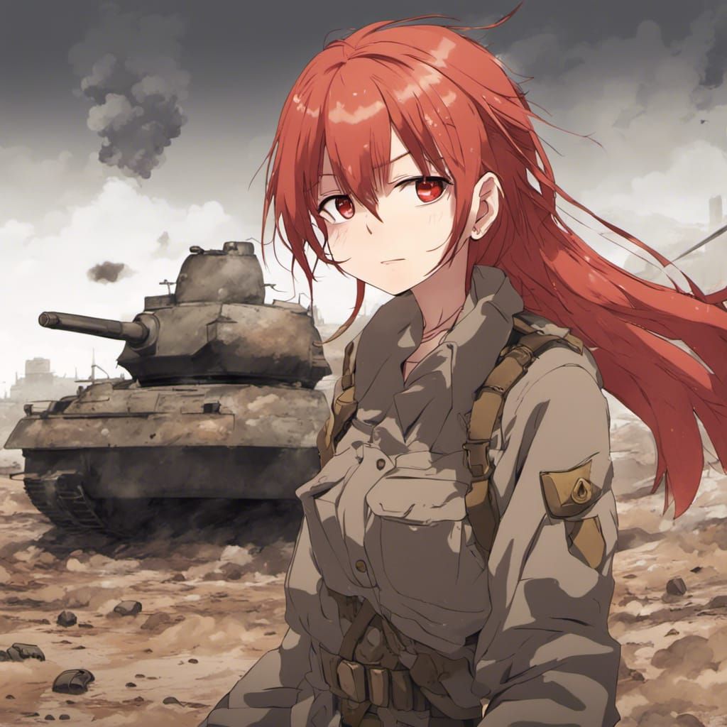 Red-Haired Girl in World War 2 Anime Style