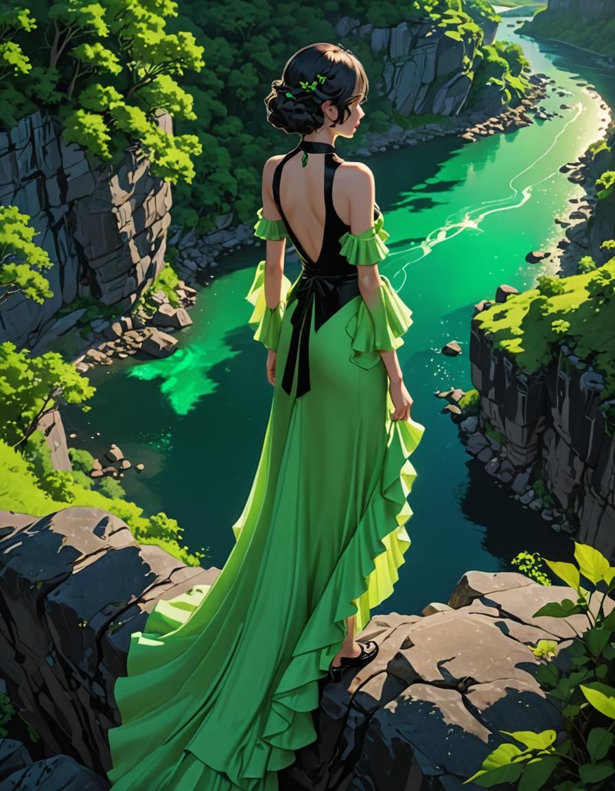Green 1930s Dress Overlooking River, Anime Art