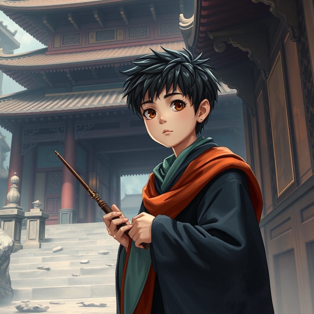 Chinese Wizard in Hogwarts Robes, Realistic Style