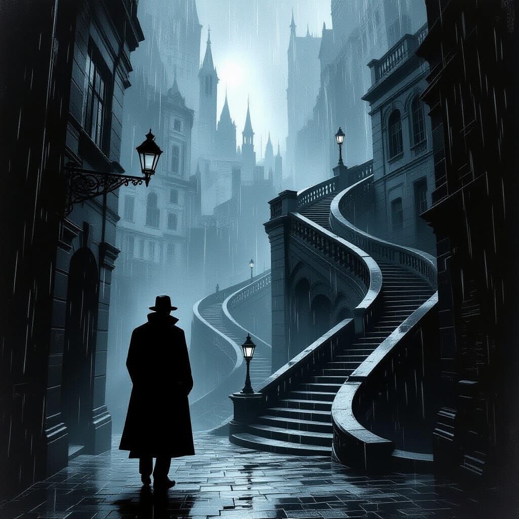 Detective in Escher Cityscape, Weimar Noir Style