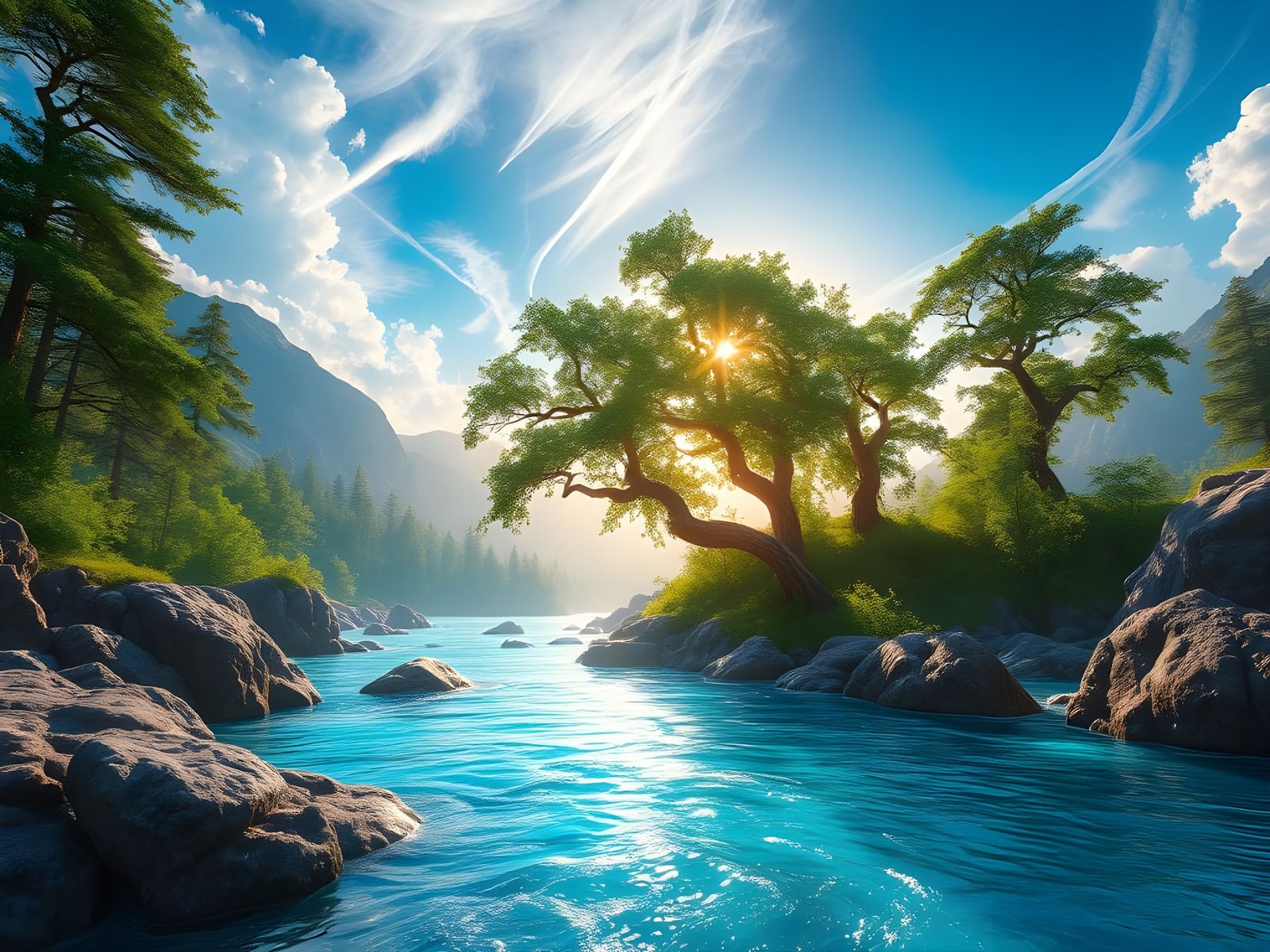 Vibrant 3D River Landscape in Epic Videogame Style